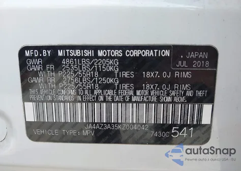 2019 Mitsubishi Outlander Sel z USA, uszkodzony, nr VIN JA4AZ3A35KZ004042